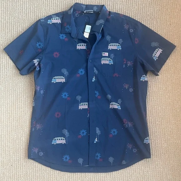 Travis Mathew Men's What Goes Up Button Up Blue American Flag Fireworks Size XL - Picture 3 of 12